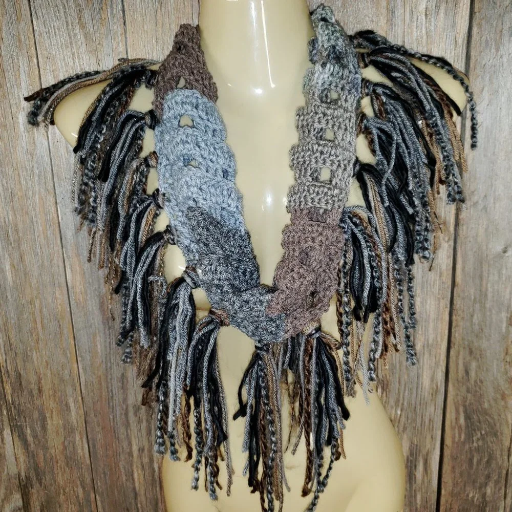 NEW Hand Crochet Gray Taupe Black Cowl Scarf‎ Boho Fringe Hippie Fairy Grunge